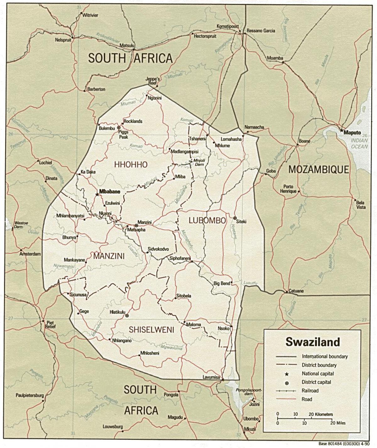 mappa di Swaziland mostrando posti di frontiera