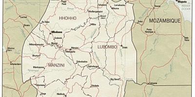 Mappa di Swaziland mostrando posti di frontiera